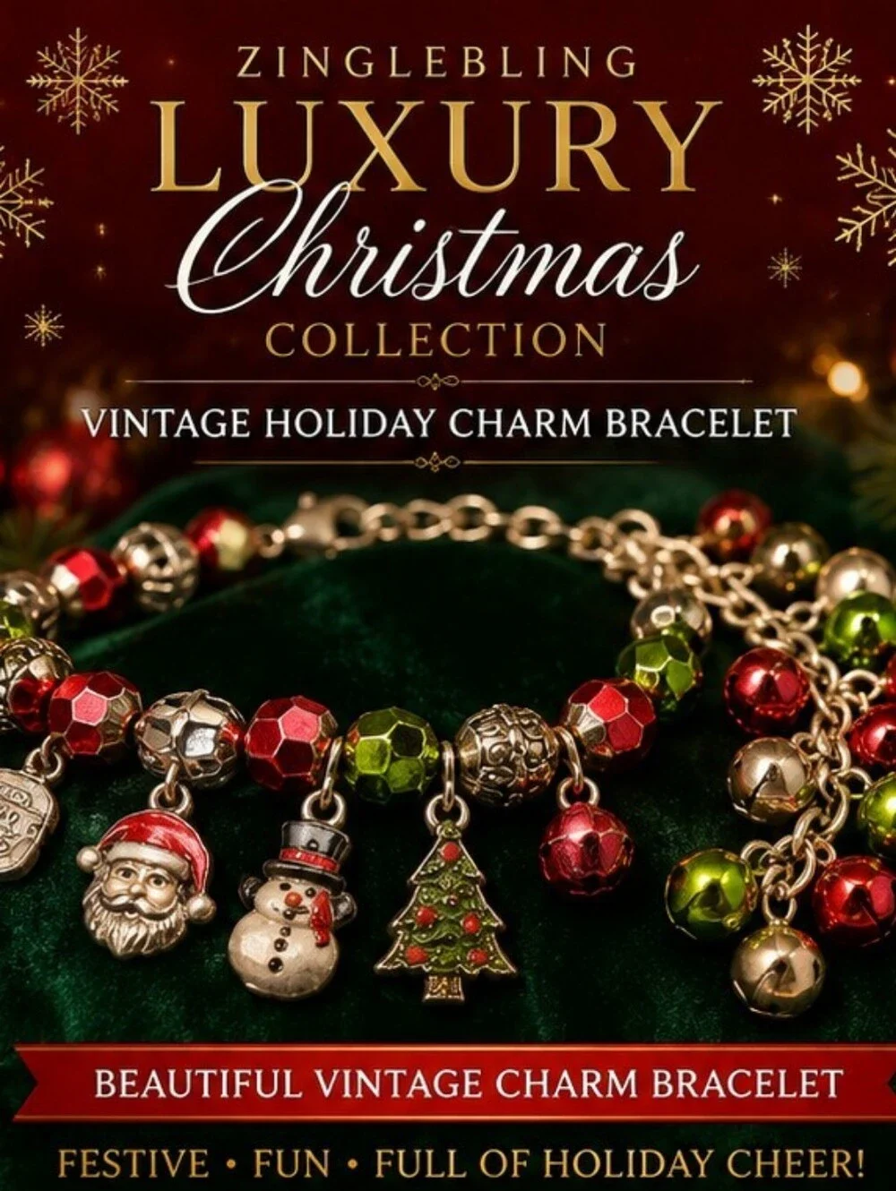 Vintage Christmas Charm Bracelet Santa Snowman Tree Jingle Bells Red Green